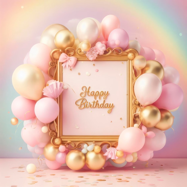 Birthday pink golden frame with pastel balloons on rainbow background ai generative