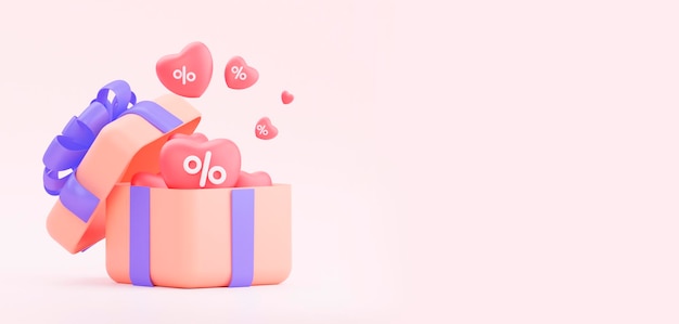 Birthday sale and romantic date A gift with hearts 3D rendering