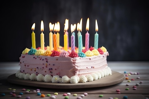 Birthday strawberry cake with colored candles on wooden table and black background Ai generative