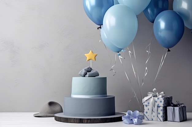 Birthday table with a blue cake balloons and gifts Ai generative