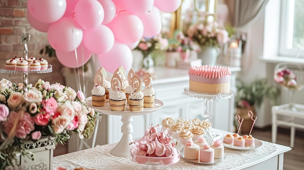 Birthday tablescape or candy bar with sweets Birthday cake and cupcakes beautiful party celebration