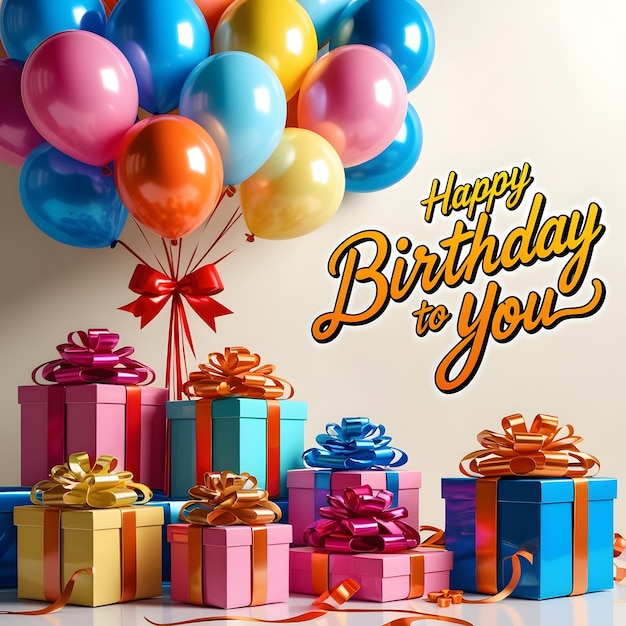 Birthday vector banner template Happy birthday to you text with gifts and balloon decoration