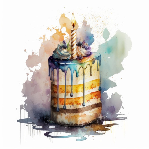 Birthday watercolor cake on white background Illustration AI Generative