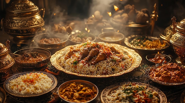 Biryani Feast in a Royal Setting with Golden Decor