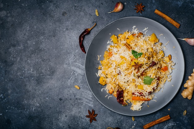 Biryani rice (Vegetable biryani). Indian basmati rice, curry vegetables and spices. Indian kitchen