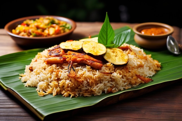 Biryani served on a banana leaf