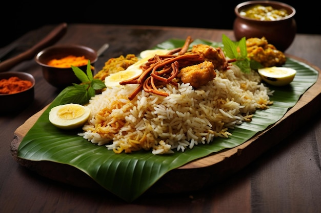 Biryani served on a banana leaf