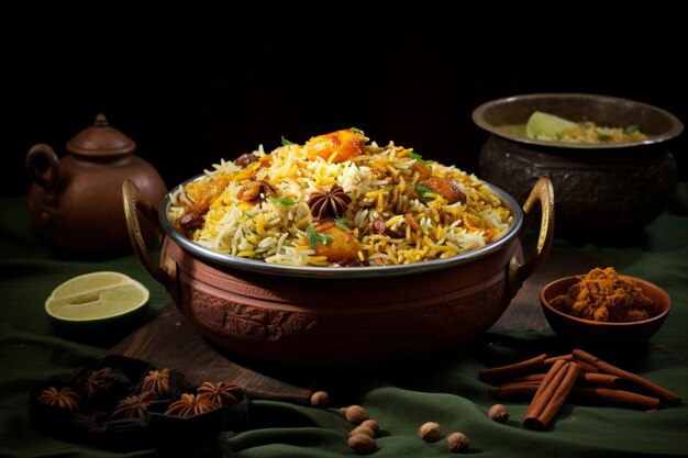 Photo biryani in a traditional indian serving bowl