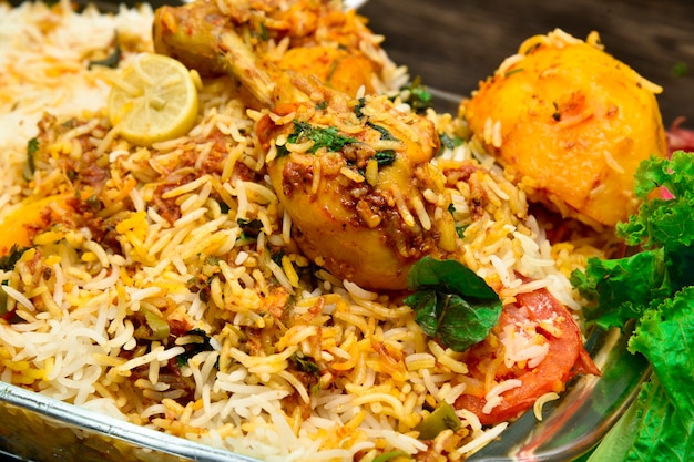 Biryani with chicken potatoes any many other spices