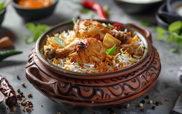 Biryani with chicken and rice in a clay pot