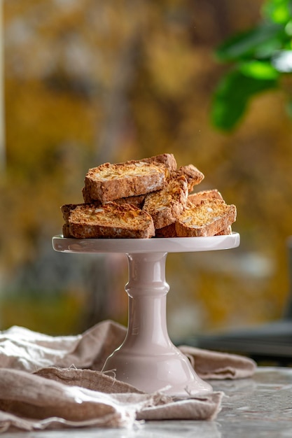 Biscotti with nuts and candied fruits on a tray