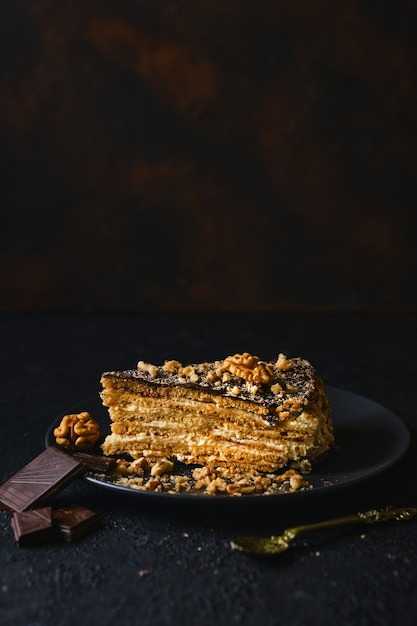 Biscuit cake with sour cream, nuts and chocolate glaze