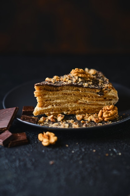 Biscuit cake with sour cream, nuts and chocolate glaze