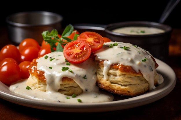 Biscuits and gravy with a side of roasted che