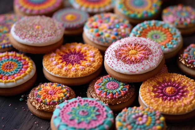 Biscuits with icing and colorful sprinkles created with generative ai