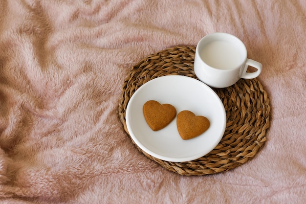 Biscuits with milk Festive breakfast on St Valentine's Day