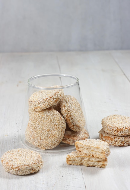 Biskuit marie wijen is traditional Indonesian cookies made from biscuits which sesame seeds