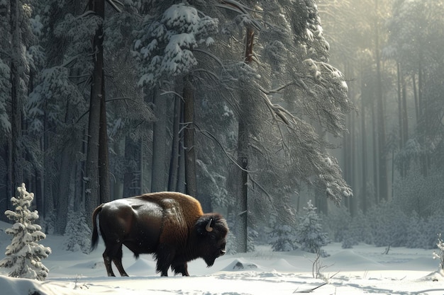 Photo bison animal snow forest generate ai