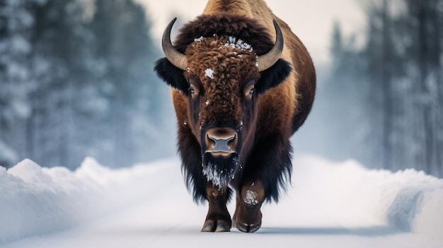 Bison buffalo walking winter snow street road wallpaper AI Generated Image