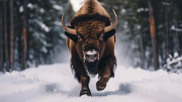 Bison buffalo walking winter snow street road wallpaper AI Generated Image