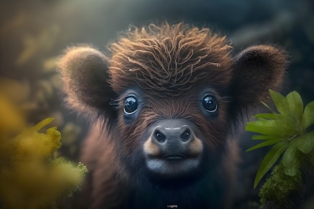 A bison calf with a blue eyes stands in a field of flowers.