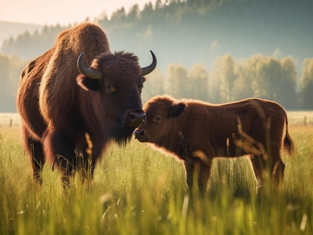 A bison and her calf in a field