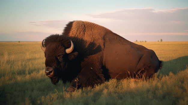 A bison is laying in the grass in a field.