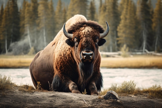 A bison is laying on the ground in front of a forest.