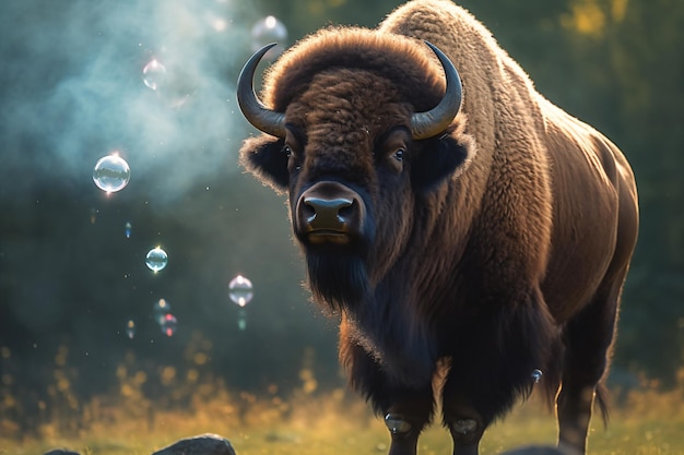 a bison is surrounded by bubbles in a field