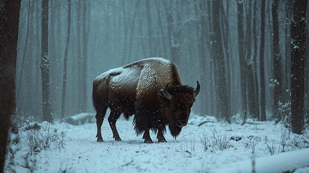 Photo bison in the snow by person