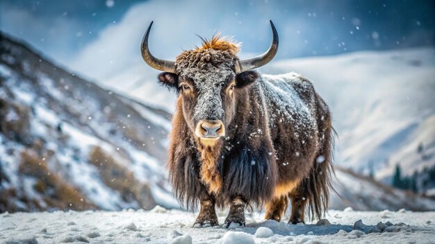 a bison in a snowy field with snow on the ground