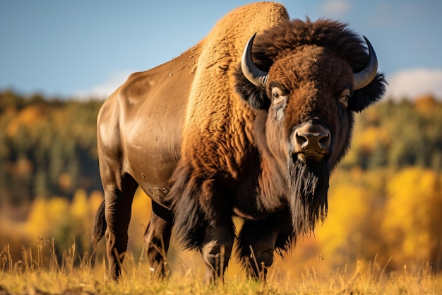 a bison standing in a field with trees in the background