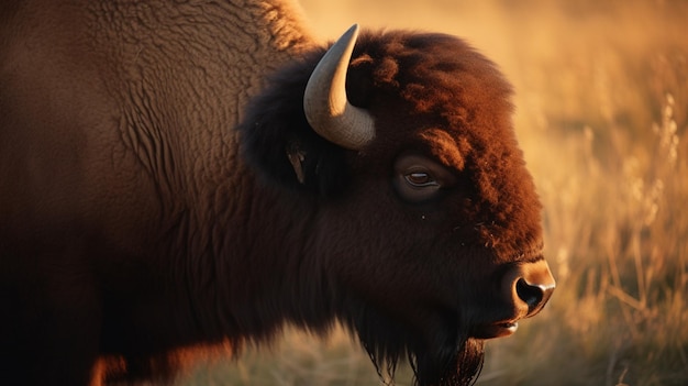 A bison stands in a field at sunset.