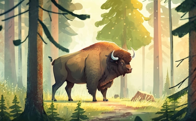 A bison stands in a forest with trees and rocks illustrations for kids cartoon style ai generated