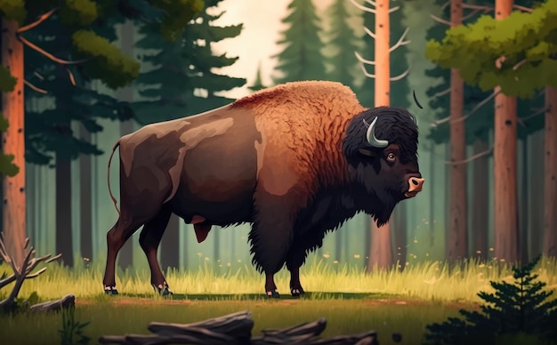 A bison stands in a forest with trees and rocks illustrations for kids cartoon style ai generated