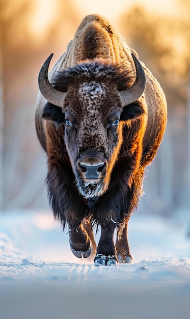 Bison walking through the snow Bison walking in the snow