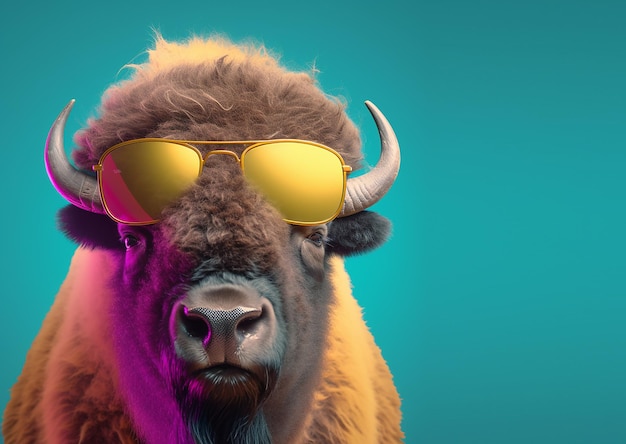 A bison wearing sunglasses and a blue background