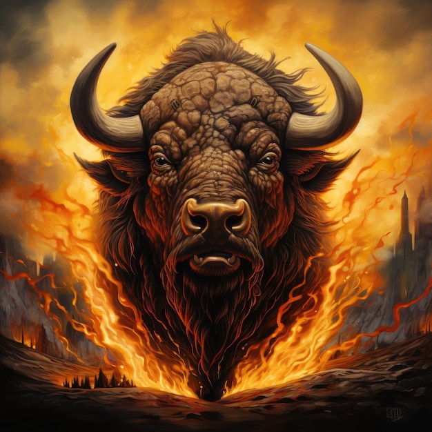 a bison with horns and fire