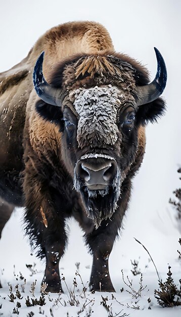 Photo a bison with snow on its face is shown in the snow