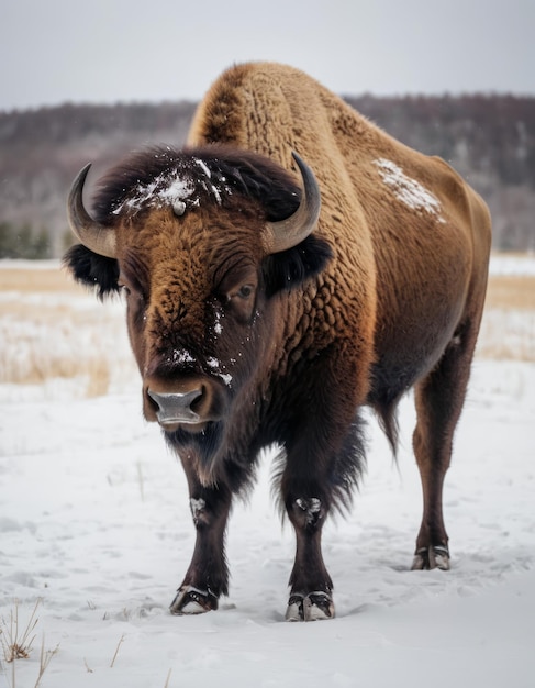 Photo a bison with snow on its face is standing in the snow