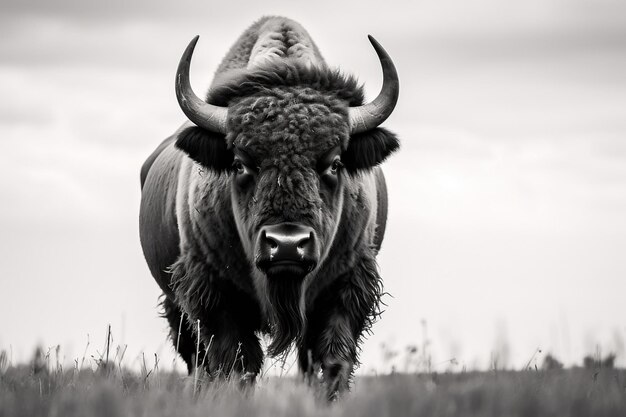 Bison39s Solitude A Black and White Photo in the Field by Generative AI