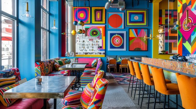 Photo bistro interior featuring communal dining and pop art decor