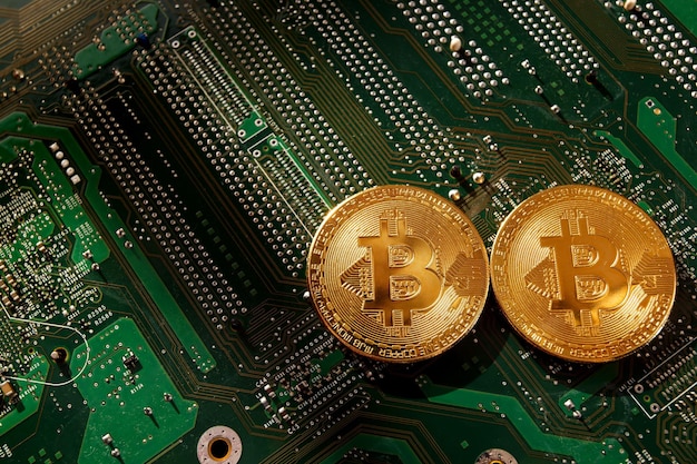 Bit coins on the background of a computer microcircuit