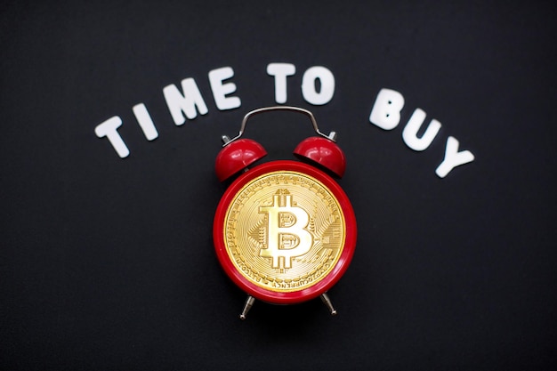 Bitcoin and alarm clock and sign time to buy Concept of deadline to invest in bitcoin cryptocurrency