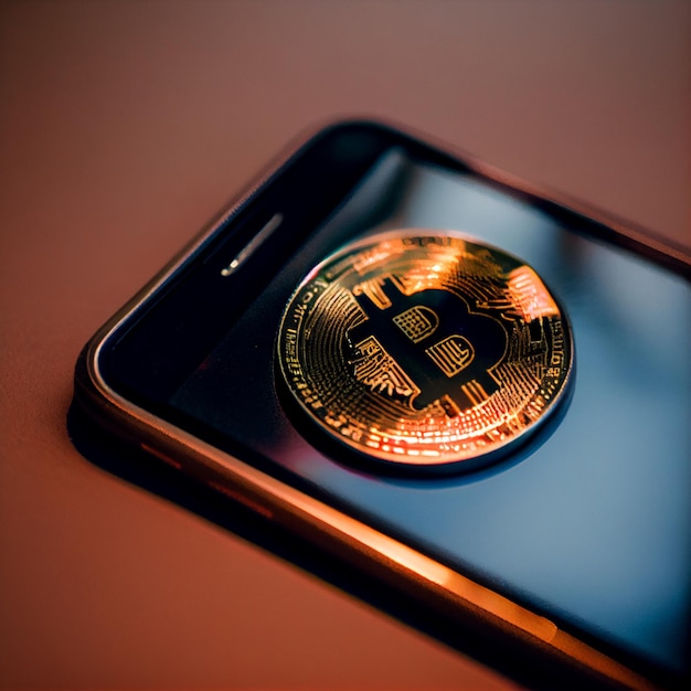 Bitcoin app bitcoin logo on mobile screen paying with smartphone cryptocurrency background