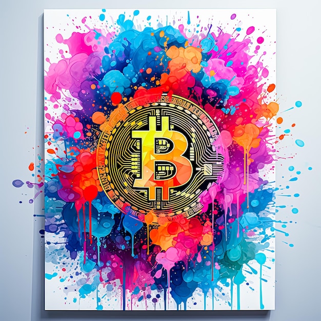 Bitcoin Coin Abstraction Watercolor Paints Forming Splashes on Background