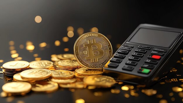 Photo a bitcoin coin next to a credit card reader and a pile of gold coins