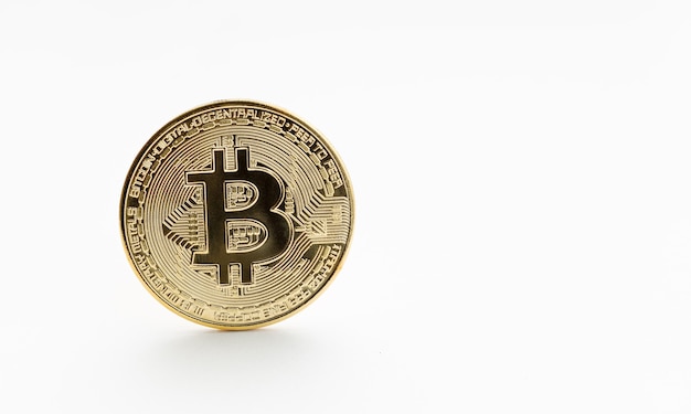 Bitcoin coin isolated on white surface. Copy space