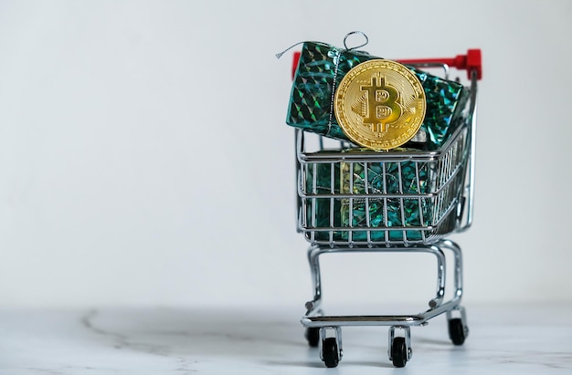 Bitcoin coin and shopping cart with Christmas gifts