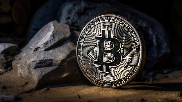 bitcoin coin with black background in stone